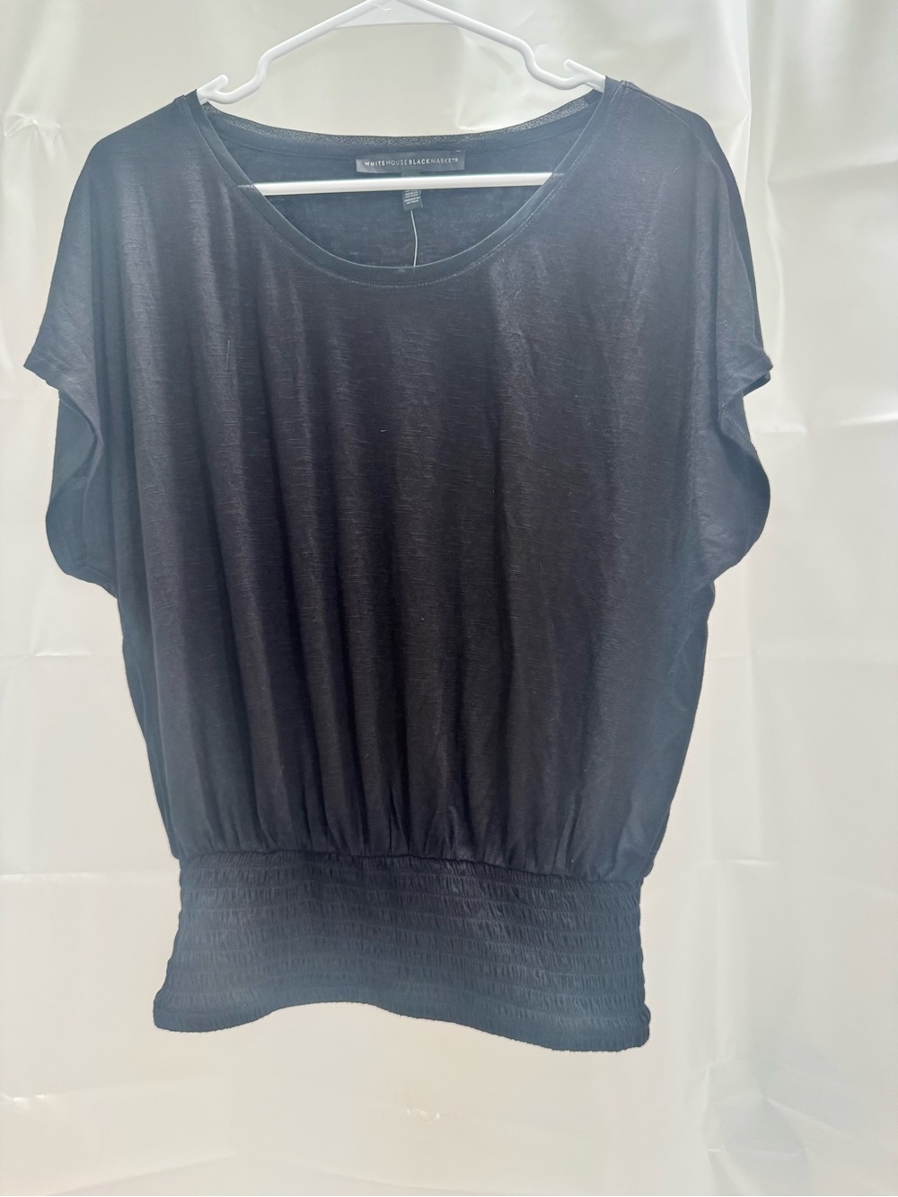 New with tag White House Black Market Black Short-Sleeve Smocked-Hem Top